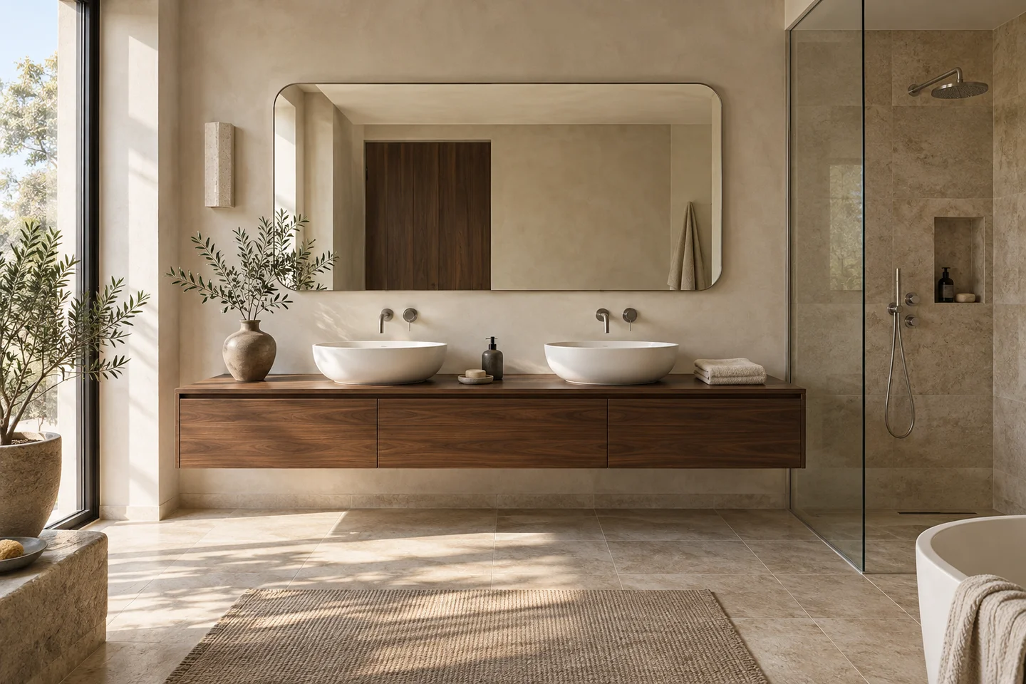 A calm contemporary bathroom with ceramic basins, chrome fittings and a walnut vanity