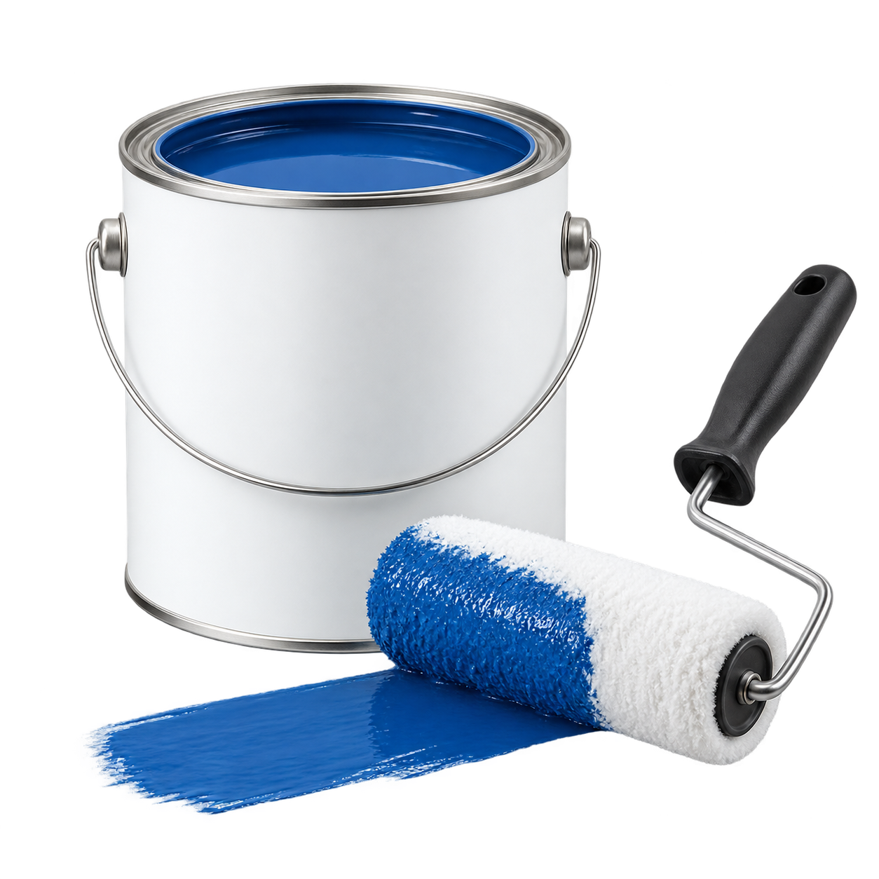 Paint can, brush and roller